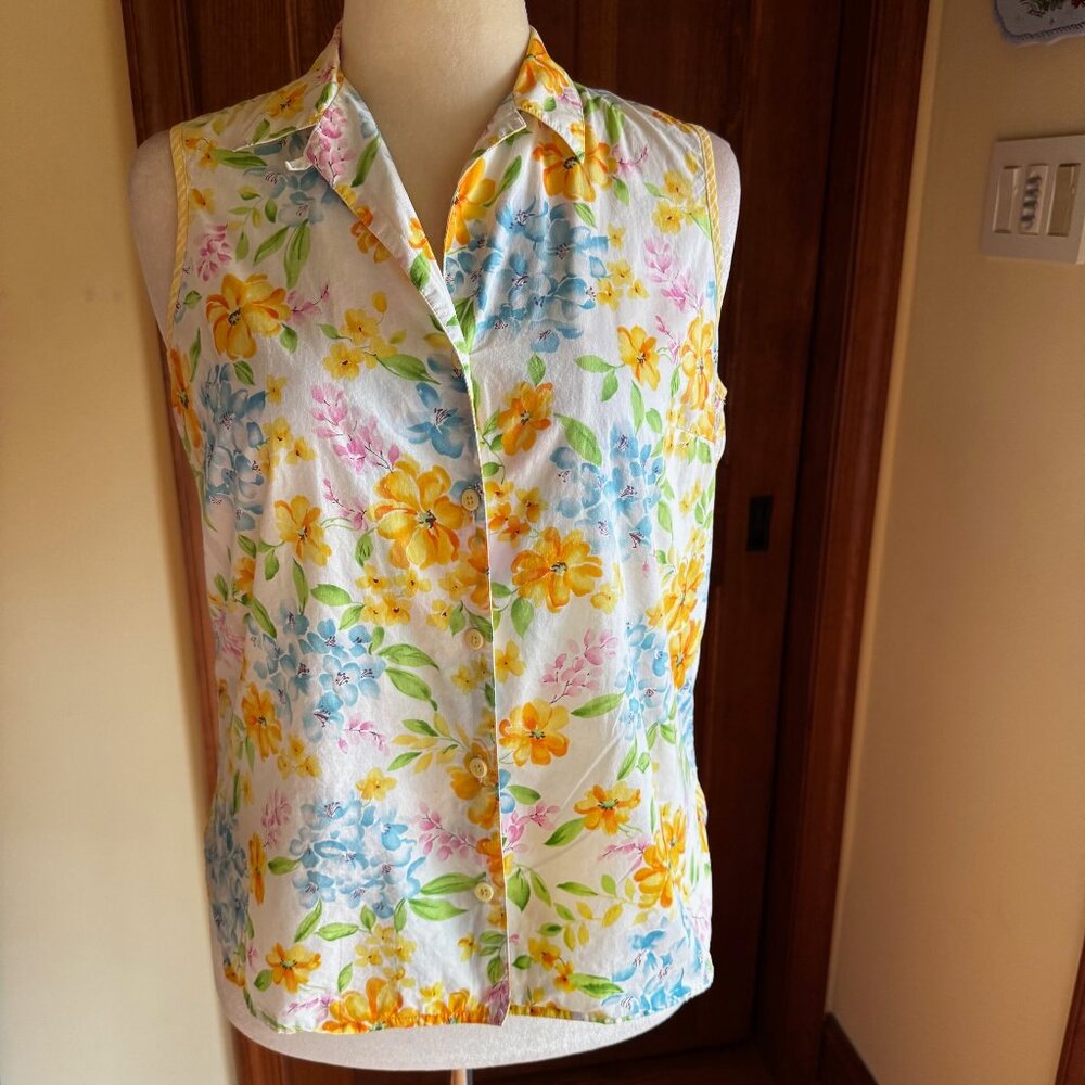 Jones NY Signature Cotton Floral Sleeveless Button-Down Blouse, EUC, Sz PL